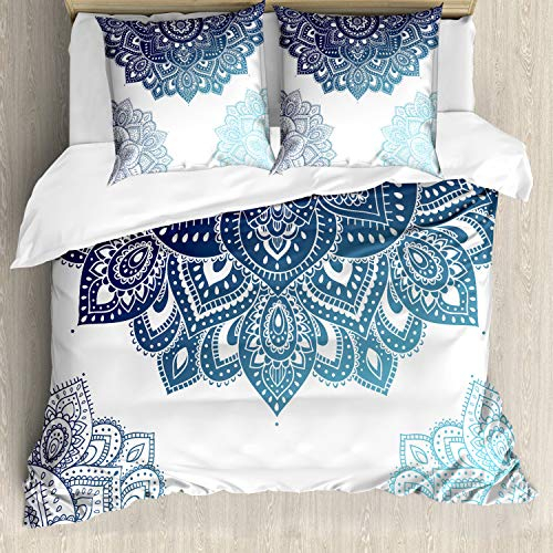 ABAKUHAUS Henna Bettwäsche Set für Doppelbetten, Vibrierende farbige Mandala, Weicher Microfaserstoff Allegigeignet kein Verblassen, Blassblau Dunkelblau