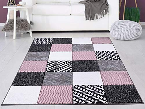 BLUSH PINK ROSE SILVER GREY SQUARES DESIGN SMALL MEDIUM XX LARGE RUG NEW MODERN SOFT THICK CARVED CARPET NON SHED RUNNER BEDROOM LIVING ROOM AREA RUG MAT (80 x 150 cms)