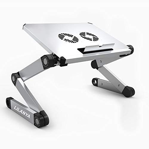 Soporte ergonómico de escritorio para laptop, portátil, ajustable, para Ultrabook, MacBook para cama, sofá con ventiladores USB para trabajar desde casa o viajes (plateado)