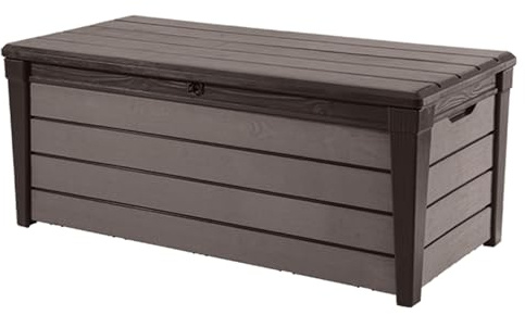 Keter Outdoor Storage Deck Box, for Patio, Backyard & Garden, Brushwood, 120 Gal, Brown - Lockable, Organizing, and Waterproof Plastic Container Bench