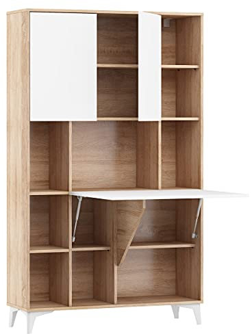 BIM Furniture Megan Bureau pliable avec 2 étagères - Bureau domestique - Table d'ordinateur portable - Table pliante (chêne sonoma/blanc brillant)