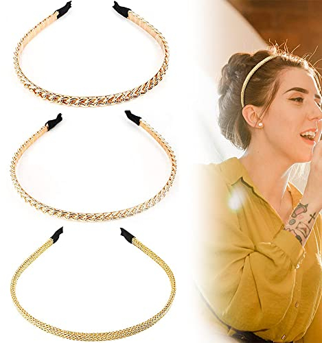 3 Stück Haarreifen, Frauen Metallstirnband, goldene Metall haarbänder, Vintage Metallstirnband, Haarreifen Stirnband, Mode Schöne Elegant Chic Gold Glitzer Stirnband, Für Frauen, Mädchen (3 Stile)
