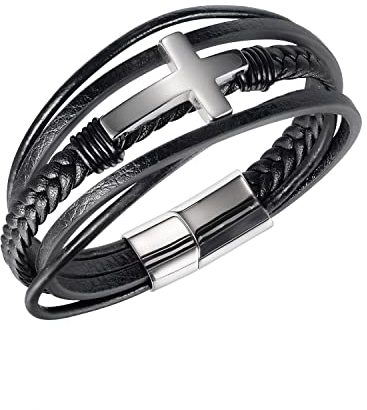 Aleasha kreuz Leder Armband für Herren Armband als Geschenk für Papa mit Edelstahl Magnet Verschluss ArmbäNder Schmuck Geschenk