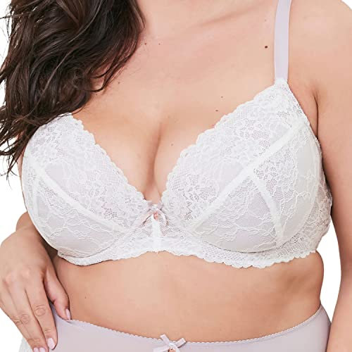 Oola Lingerie Lace Padded Bra - Size 46G | Ivory & Nude Plunge Bra, Pack of 1 | Adjustable, Low Cut & Underwired for Large Breast Support, Shape & Lift | Women's Plus Size Bras, Underwear & Lingerie