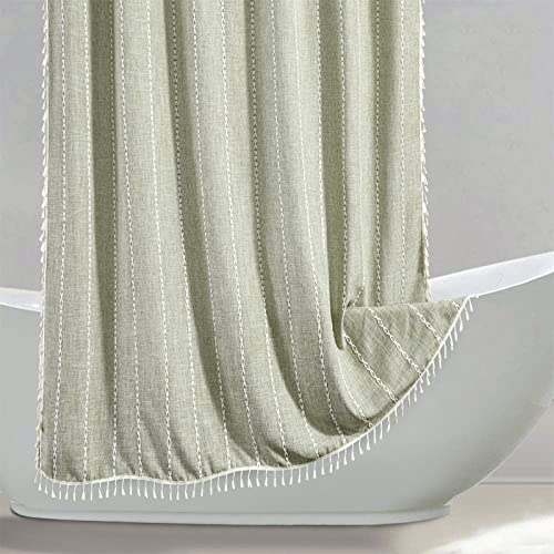 RoomTalks Grüner moderner Bauernhaus-Duschvorhang, extra lang, 190 cm, Landhaus, Badezimmerdekoration, gestreift, Frühling, Boho, Chic, Textur, Leinen, böhmisch, Badezimmer, Duschvorhang-Set mit Haken