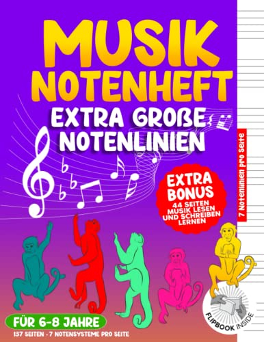Notenheft für Kinder und Anfänger. 44 Seiten EXTRA BONUS. Noten lesen und schreiben lernen: Notenheft – Extra große Notenlinien: für Kinder und ... Notenpapier | Großer Spiele- und Aufgabenteil