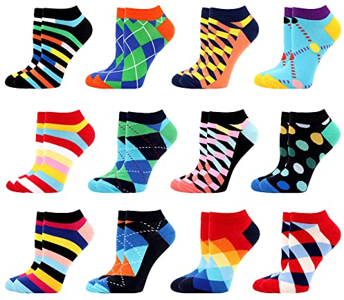WeciBor Damen Lustige Bunte Sneaker Kurze Socken, 12 Paar Mehrfarbig Geometrisch, Größe 39-42