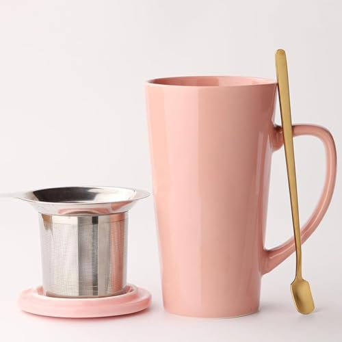 MIWARE Porzellan-Teetasse mit Teesieb, Deckel und Löffel, Teetasse für lose Blätter, 425 ml, Rosa