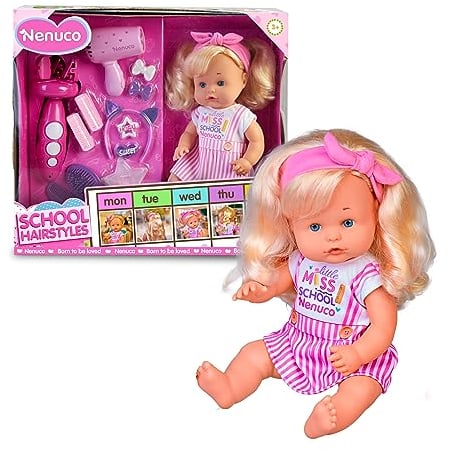 NENUCO - Frisuren für Cole, Babypuppe, Harter Körper, 35 cm, mit blonden und Langen Haaren, um Verschiedene Frisuren zu Machen, viele Accessoires wie Zöpfe, seit 2 Jahren, berühmt (NFN60000)