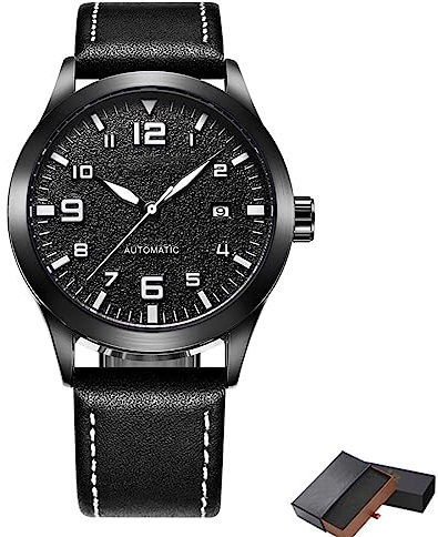 Tri-Aroute Mechanische Uhrwerk Automatikuhr mit Lederarmband Klassische Herrenuhr Analoge Automatikuhr mit Textilarmband,Schwarz