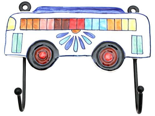 Gall&Zick Wandhaken Haken bunt Set Motiv Keramik Handtuchhaken handbemalt (Hakenleiste Bus blaue Blume)