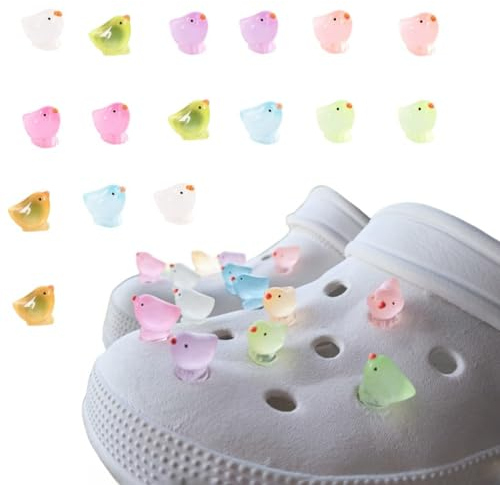 Tikono Leuchtende Hühnchen-Charms: 16 Stk 3D Schuh-Charms für Clogs, Slides und Sandalen - Leuchtet im Dunkeln