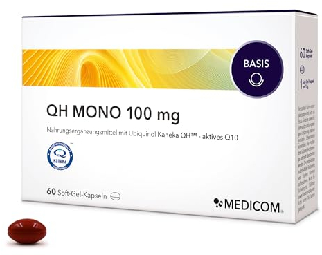 Medicom – QH Mono 100 mg, hochdosiertes Ubiquinol, KanekaTM QH, Bioaktives Coenzym Q10, Bioverfügbarkeit, Aus natürlicher Hefefermentation – 60 Soft-Gel-Kapseln