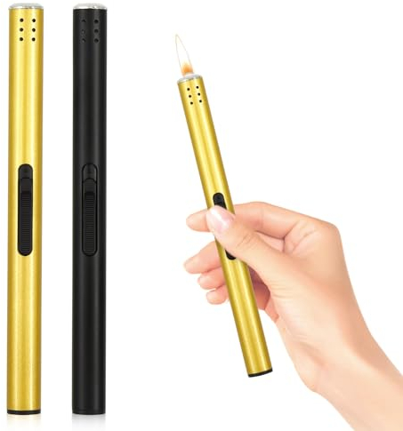 2X Stabfeuerzeug, Stabfeuerzeug Gas Nachfüllbar, Winddicht Feuerzeug Lang für Camping im Freien, Grill, Küche, Geschenke für Männer (Verkauft ohne Butangas, Bitte vor Gebrauch Aufblasen)