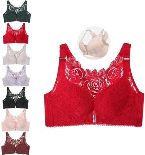 ADTEMP Floral Secrets Comfort Rose Bra, Floral Secret Bra, U Shape Back Front Closure Bra, Front Closure Bra for Women Plus Size (Color : Red, Size : 34/75C)
