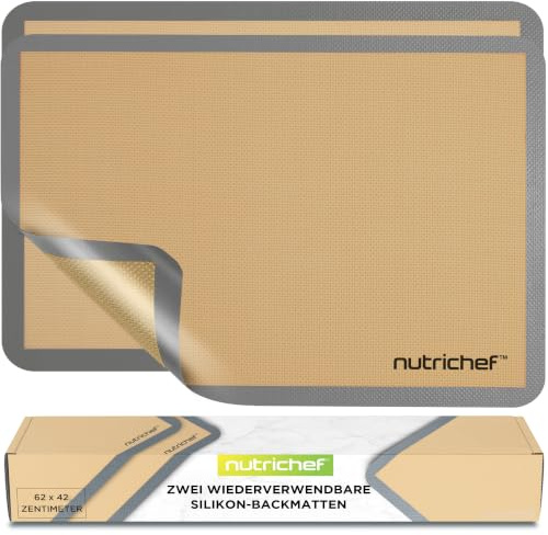 NutriChef Tappetino Silicone per Forno, Rettangolare, 2 Pezzi, 62 x 42 cm, Antiaderente Riutilizzabile, per Dolci, Pasticceria, Biscotti, Pane e Pizza, Casa e Cucina, Resiste Fino a 250°C, Grigio