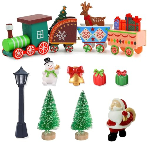 Johiux Weihnachts-Holzzug Eisenbahn Weihnachtsbaum Weihnachtsdorf Figuren Weihnachtsdeko Set,Rentier Wichtel Zubehör Baustelle, Puppenhaus Zubehör Tischdeko Weihnachten.