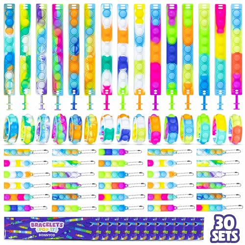 BONNYCO Bracelets et Porte cles Pop It Pack 30 Cadeau Anniversaire Enfants Invites Fidget Toys, Cadeaux Anniversaire Invités Enfant, Petit Jouet Pinata Mixte | Pochette Surprise Mini Jouet Goodies