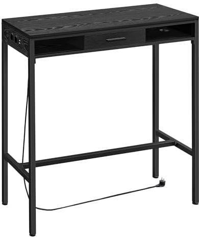 VASAGLE Mesa de Bar, Mesa de Cocina con Estación de Carga, Cajón de Tela no Tejida, Ganchos, 40 x 99,8 x 104,6 cm, Negro Ébano LBT019B02