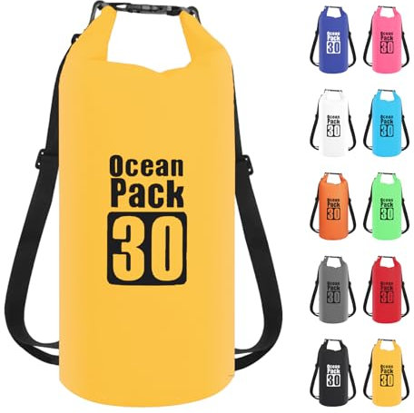 30L Gelb Wasserdichte Tasche, Dry Bag 2L/5L/10L/15L/20L/30L mit Verstellbarem Gurt, Schützt Telefon/Karte, Roll Top Wasserdichter Beutel Rucksack für Schwimmen/Rafting/Kajak/Bootfahren/Camping/Strand