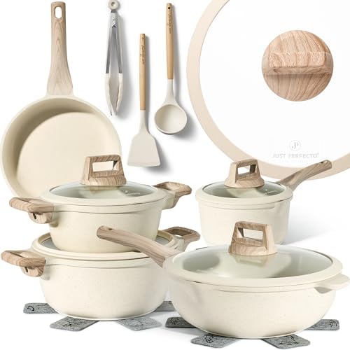 Just Perfecto Juego de Ollas y Sartenes Cocina Antiadherentes 14 Piezas, Batería de Cocina Antiadherentes Aluminio, para Todas las Cocinas, Incluso Inducción, Ollas Cocina con Tapas (Beige)