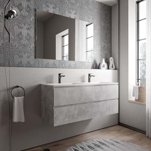 BERNSTEIN Badmöbel-Set AVA 120cm bestehend aus Mineralguss-Doppel-Waschbecken mit Unterschrank in Beton, Waschtisch Cream - Weiß matt mit Hahnloch, Ideal für große Bäder