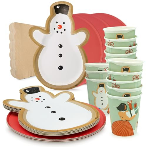 PARTY PARTY 64 Teile Weihnachten Party Set, PARTYGESCHIRR Partybecher, Pappteller, Servietten, Schneemann Partyteller, Nikolaus Winter Geburtstag Deko Jungen Mädchen (Rot)