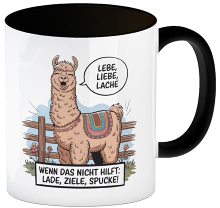 speecheese Lachendes Lama - Lebe liebe lache Kaffeebecher in schwarz Lade, Ziele, spucke Kaffeebecher in schwarz Comic-Motiv wolliges Lama bunte Satteldecke - Lade deinen Tag auf
