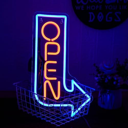 LMSIGNLY Logotipo de Neón Abierto Flechas de Neón Letras de Brillo Ajustables LED Comercial Neón USB Suministro de Energía Flechas de Neón Abierto Salón Bar Tienda Logotipo LED Azuly Naranja