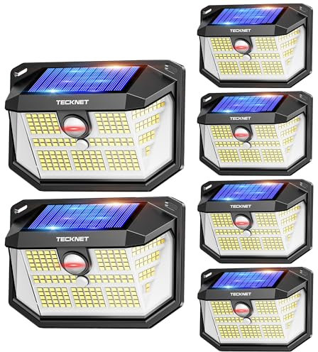 TECKNET Luz Solar Exterior, 231 LED/300° Iluminación (Ilumina 35㎡) Brillo Alto Luces Solares con Sensor de Movimiento, 3 Modes IP65 Impermeable Focos Led Solares para Jardín, Garaje, Patio, 6 Paquete