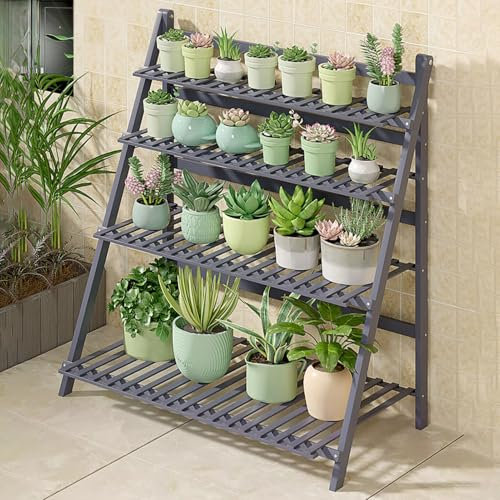 Étagère pliante en bambou pour maison, terrasse, jardin, gris, 50 cm à 4 niveaux