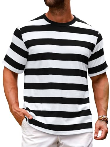 Runcati Mens Short Sleeve T-Shirts Striped Casual Crewneck Basic Shirt Color Block Stretch Summer Beach Tees Black