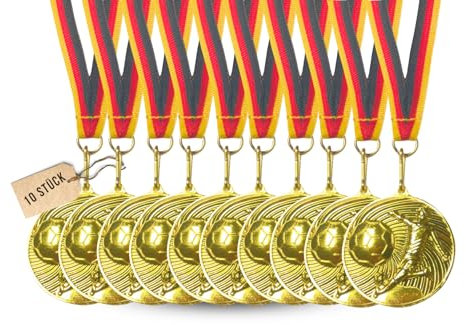 Carlso Goldmedaillen Set, 10 Stück, mit Dreifarbigem Band, 50mm Durchmesser, für Geburtstag Turnier, Mitgebsel, Fussballmedaille, Fussball Medaillen, Preis (FUSS4, 10)