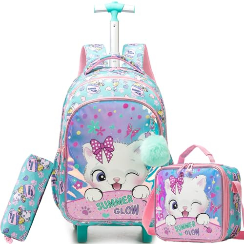 ZBAOGTW Rucksack mit Rollen für Mädchen, Rollrucksack für Schule, Rollrucksäcke für Mädchen, mit Lunchbox, Pink-weiße Katze, 16.5*11.8*7.8 inches