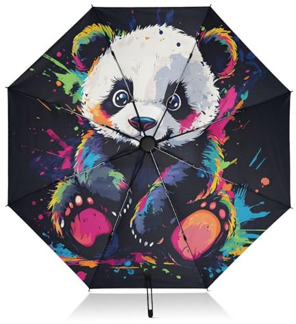 RPLIFE Reise-Regenschirm, winddicht, UV-Regenschirm, kompakt, Regenschirme für Rucksäcke/Handtaschen, Regen, Wind und Sonne, niedlicher Panda, Batikfärbung, Schwarz
