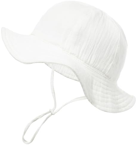HZHSGLY Sombrero de Sol para Bebé 6-12 Meses, Sombrero de Pescador con Correa de Barbilla Ajustable, ala Ancha de Algodón Transpirable para Protección UV (Blanco)