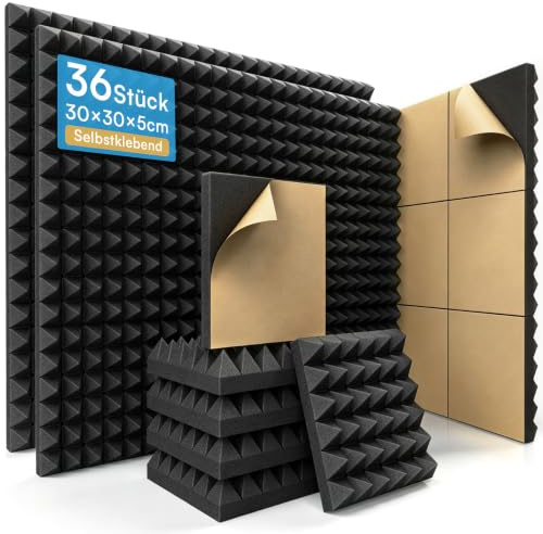 AUSLET 36 Stück Pyramidenschaumstoff, Selbstklebend, 30x30x5 cm, Schwarz | Selbstklebend, 5 cm Dick, 30 kg/m³ Dichte, Flammhemmender Schaumstoff, Echo- & Nachhallkontrolle