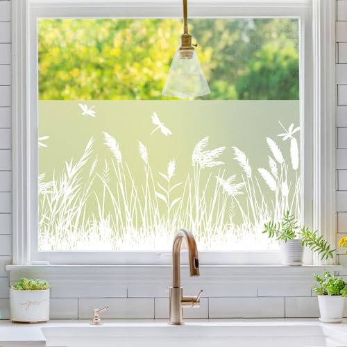 dktie Fensterfolie Blickdicht Sichtschutzfolie Libellen und Gramineen Statische Aufkleber ohne Klebstoff Wiederverwendbar Geeignet für Wohnzimmer, Schlafzimmer, Küche 44.5x200cm
