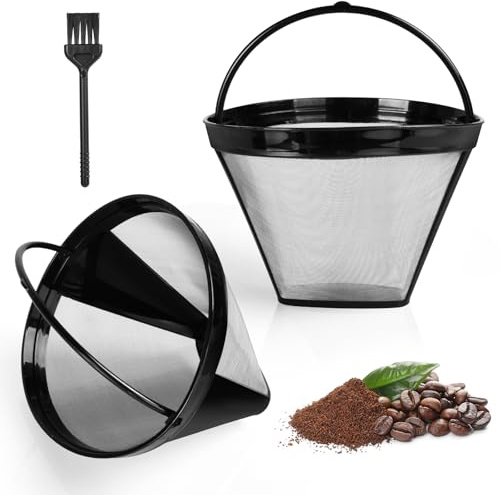 AOMIG Wiederverwendbar KaffeeFilter, 2 Stück Kegel Silberfilter #4 mit Bürste, Kaffee Dauerfilter Edelstahl mit Griff, Permanentfilter Mesh Korb Waschbar für Kaffeemaschinen der Ninja CFP Serie