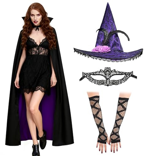 TAGVO Halloween Costume da Strega Donne Viola, Halloween Streghe Accessori con Cappello, Guanto, Maschera per Gli Occhi, Mantello, Costume per Carnevali in Maschera Festa Cosplay