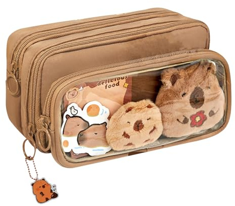 FOSDICK Trousse Capybara Trousse Kawaii Fille Enfant Ado Capybara Trousses Fourniture Scolaire Kawaii Amovible Grande Capacité Pencil Case avec 2 Capybara Peluche Broche pour l'École Collège et Bureau