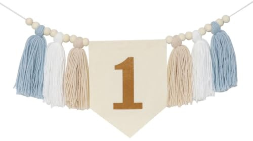 1. Hochstuhl Banner, Geburtstagsbanner mit Holzperlen und Quasten, Hängende Highchair Banner Dekoration für Party, Urlaub, Jubiläumsfeier