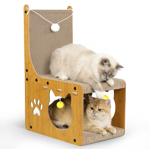 Gimars Katzen Kratzbrett, L förmige Kratzbrett für Katzen, Kratzpappe für Katzen mit Spielbällen und Verstecktunnel, Karton Kratzbretter & Kratzmatte, Kratzmöbel zum Schutz von Möbeln, Natur