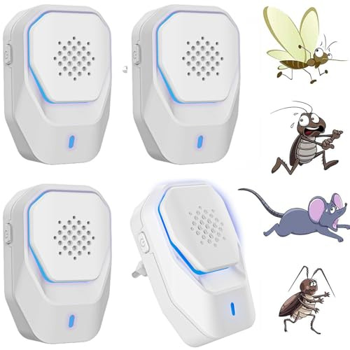 Mückenschutz Ultraschall,2025 Ultraschall für Mäuse, Ultraschall-Mückenschutzmittel,Ameisen,Fliegen,Spinnen,Kakerlaken,Ultraschall Mäuseabwehr,100% professionell und effektiv (Pack 4)