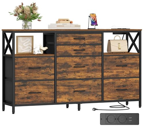 Hzuaneri Kommode 140 cm, Vintage, 8 Schubladen, 2 USB & 2 AC-Anschlüsse | Kommode mit 8 Schubladen, Vielseitiges Aufbewahrungsmöbel für Wohnzimmer und Schlafzimmer, 30 x 140 x 86 cm, DU03801BEU
