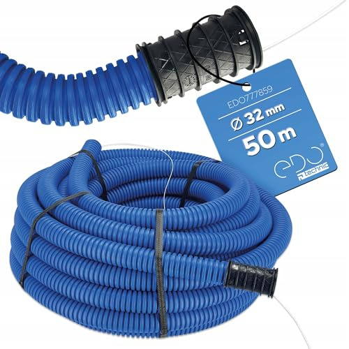50 mètres – Gaine Electrique Annelée de Protection (Ø 32mm x 50m) – Gaine Câble Double Paroi avec Aiguille de Tirage pour Pose Enterrée et Raccord 450N Bleu IP56 – EDO Technic