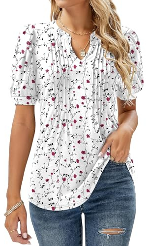 EFFAN Women Tops Summer Tunic Casual V Neck Pleated Short Sleeve 2026 T Shirts Flower Print Blouse Clothes Rose Floral L (UK 16-18)