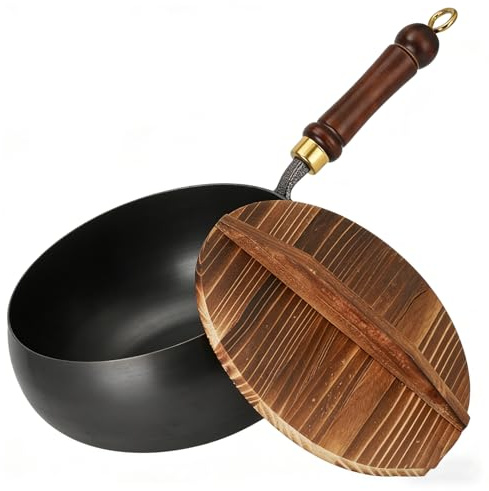 Japanese Cast Iron Pot, Multifunctional Uncoated Non-Stick Cast Iron Wok with Lid, High Purity Frying Pan for Cooking, Heavy Duty Cookware for Induction, Gas & Electric Stoves (Wooden Lid,9.45in)