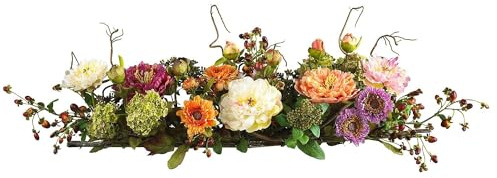 Nearly Natural 4665 Mixed Mini Peony Centerpiece Silk Flower Arrangement,10D x 34W x 6.5H