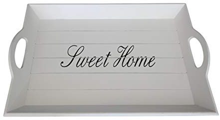 elbmöbel Holz-Tablett in weiß rechteckig, Sweet Home Aufdruck, Griffe und erhöhter Rand (43 x 28cm)